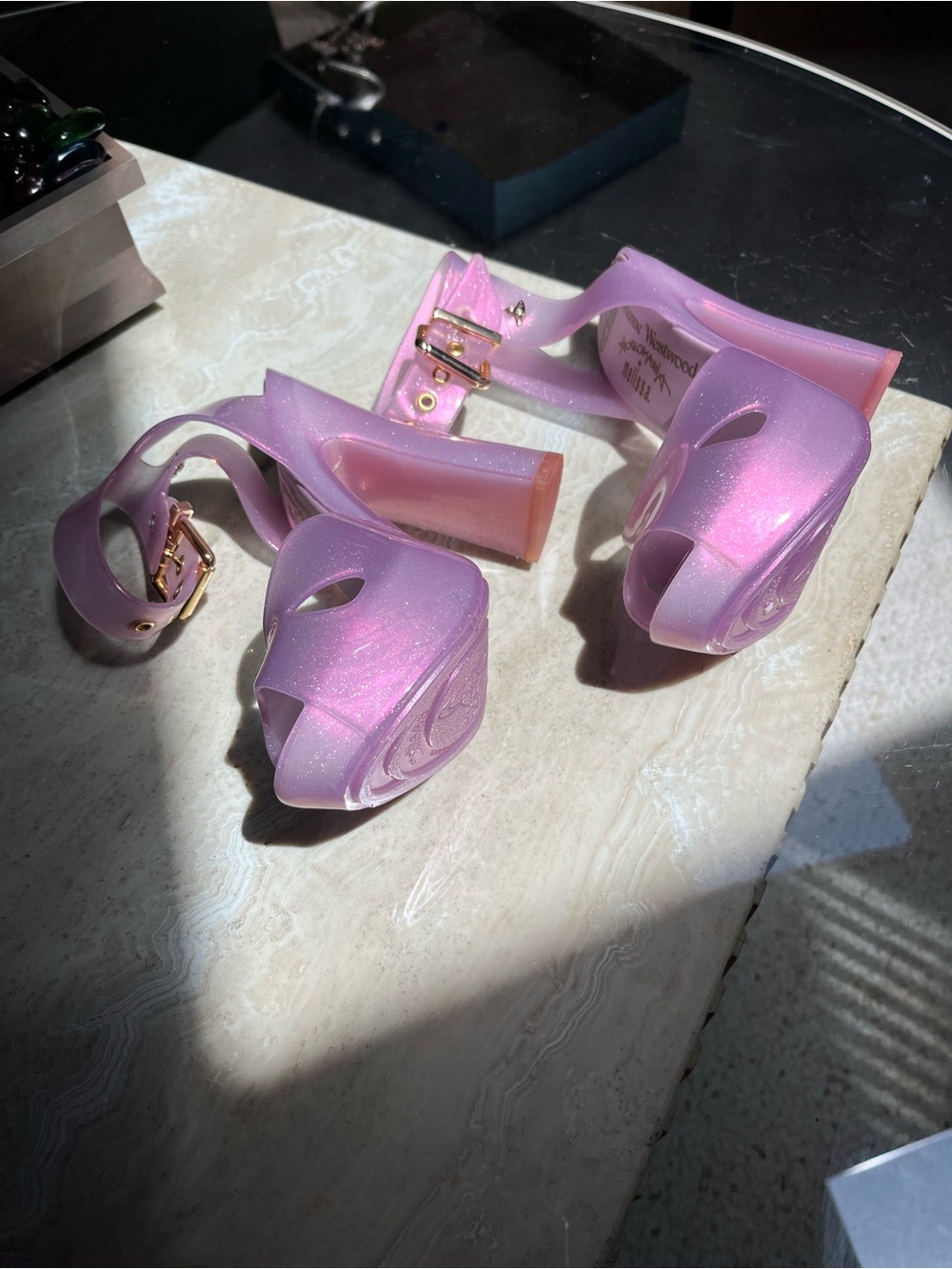 Vivienne Westwood Iridescent Lavender Platform Block Heels UV/Blacklight glow! - Picture 8 of 9